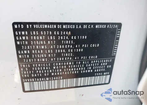 2020 Volkswagen Tiguan 2.0T S из США, поврежденный, VIN 3VV0B7AX4LM124029